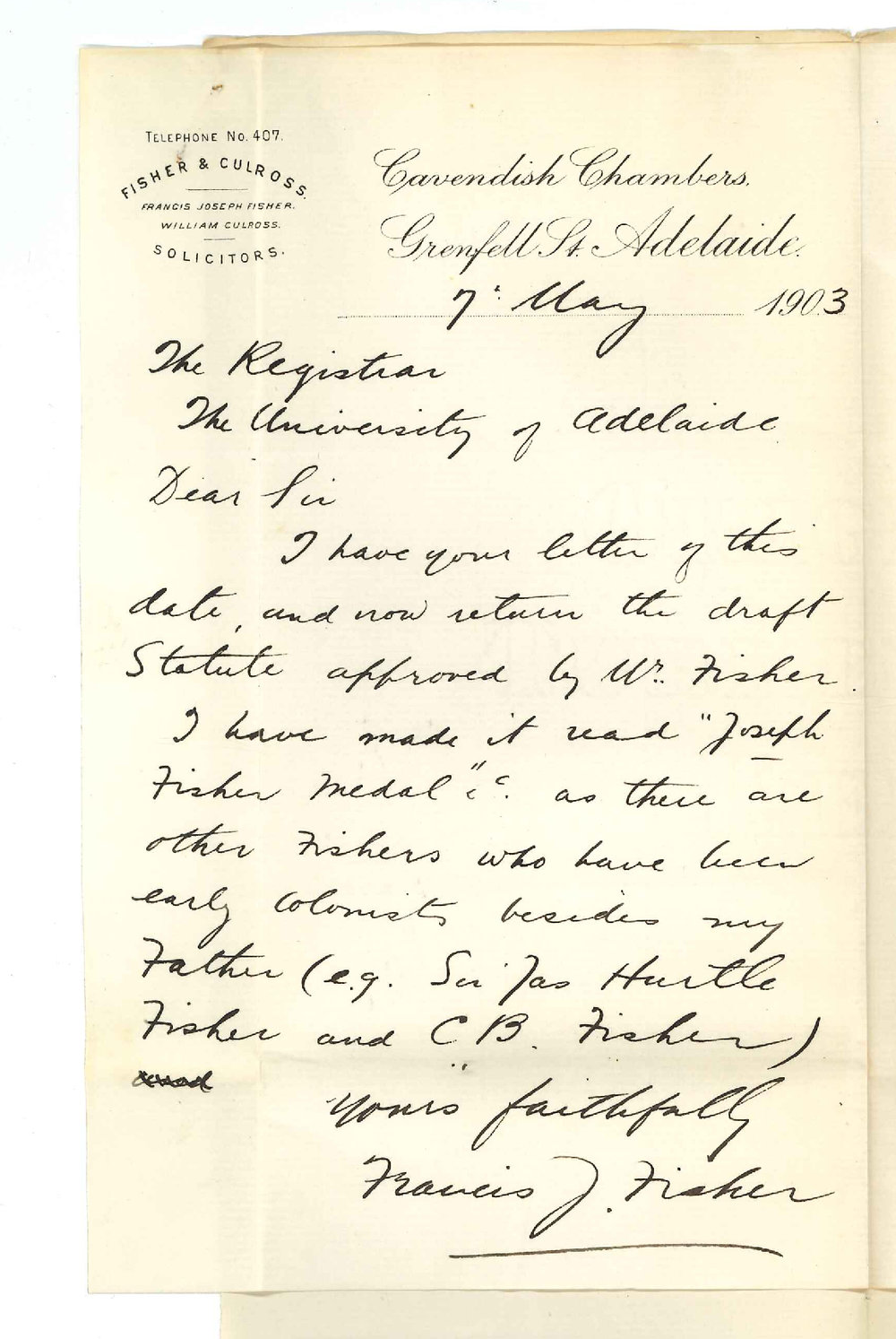 F J Fisher - Adelaide - Approving Statutes for Fisher Medal