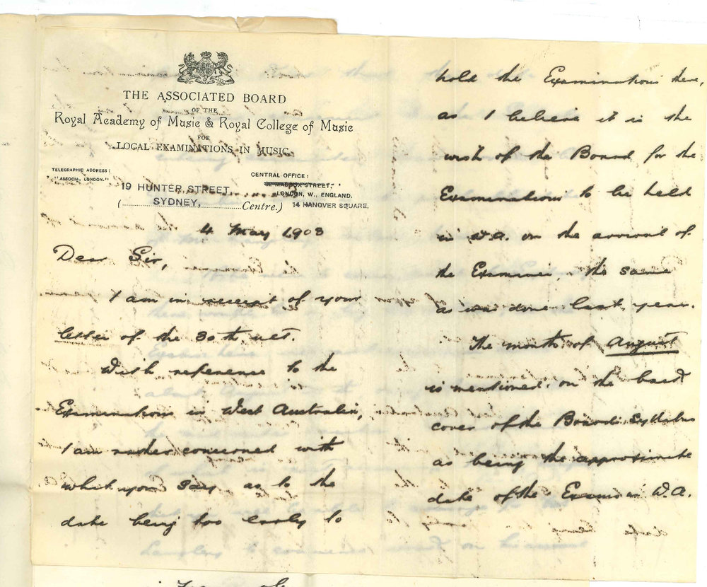 A E Balch - Resident Clerk - The Associated Board - Sydney - Exam in Western Australia and number of Rudiments Papers wanted