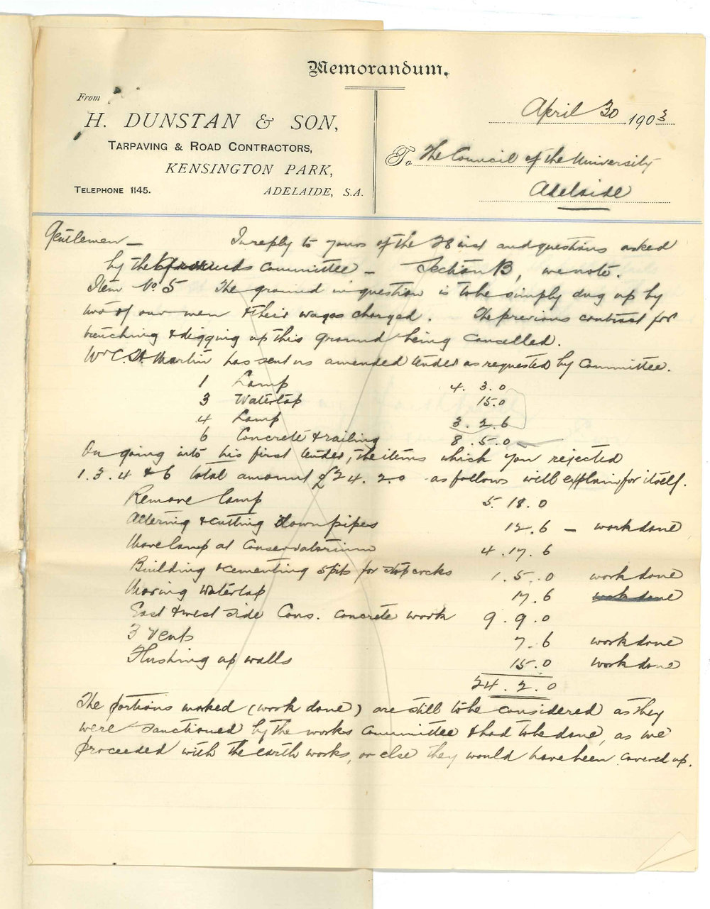 H Dunstan and Son - Kensington - Amended Tenders for Removal of Lamps etc