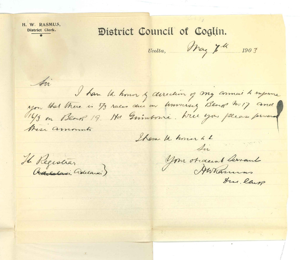 H W Rasmus - District Council of Coglin Ucolta - Account for rates on land at Gumbowie