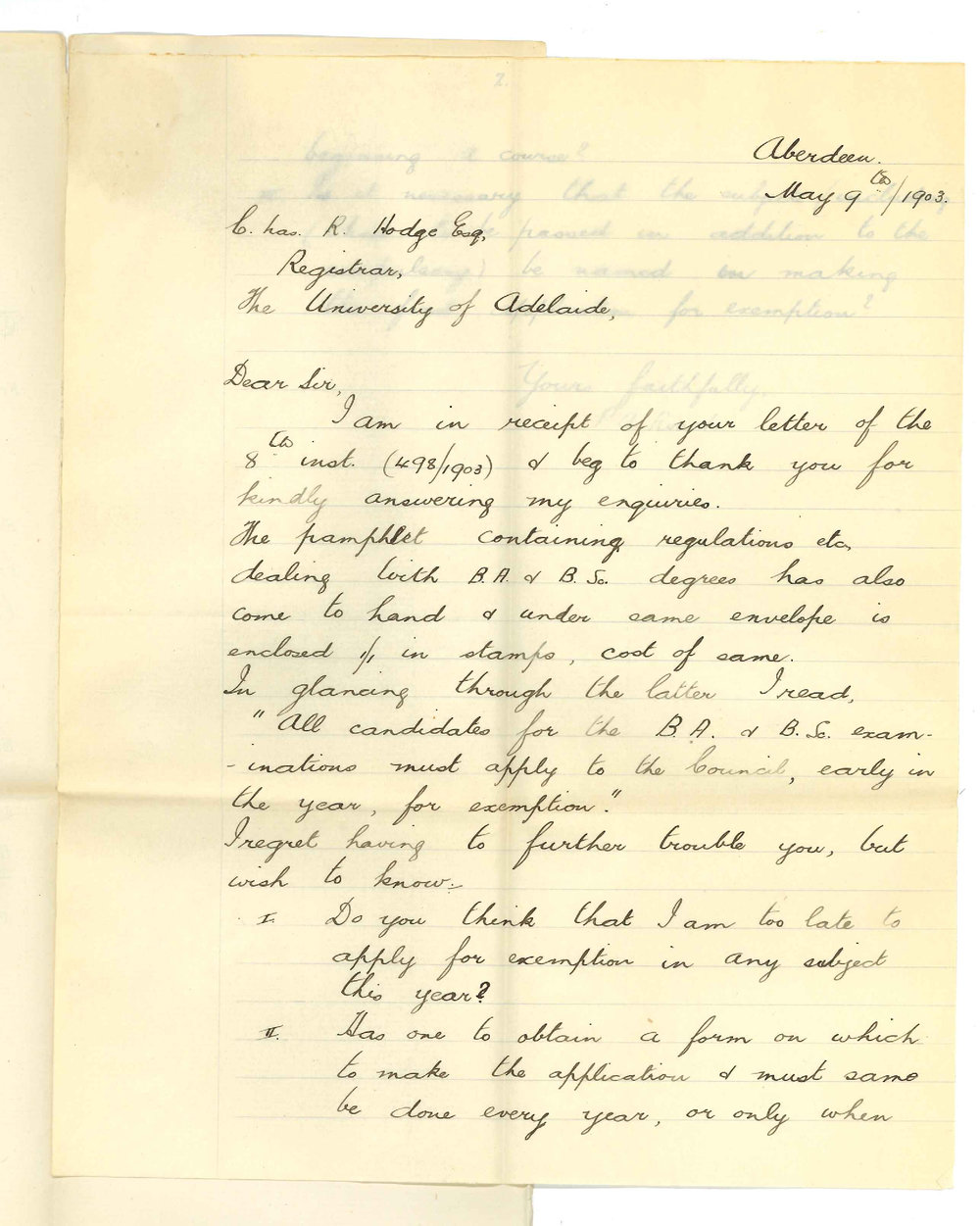 P A Roach - Aberdeen - Regarding obtaining Exemption from attendance at lectures