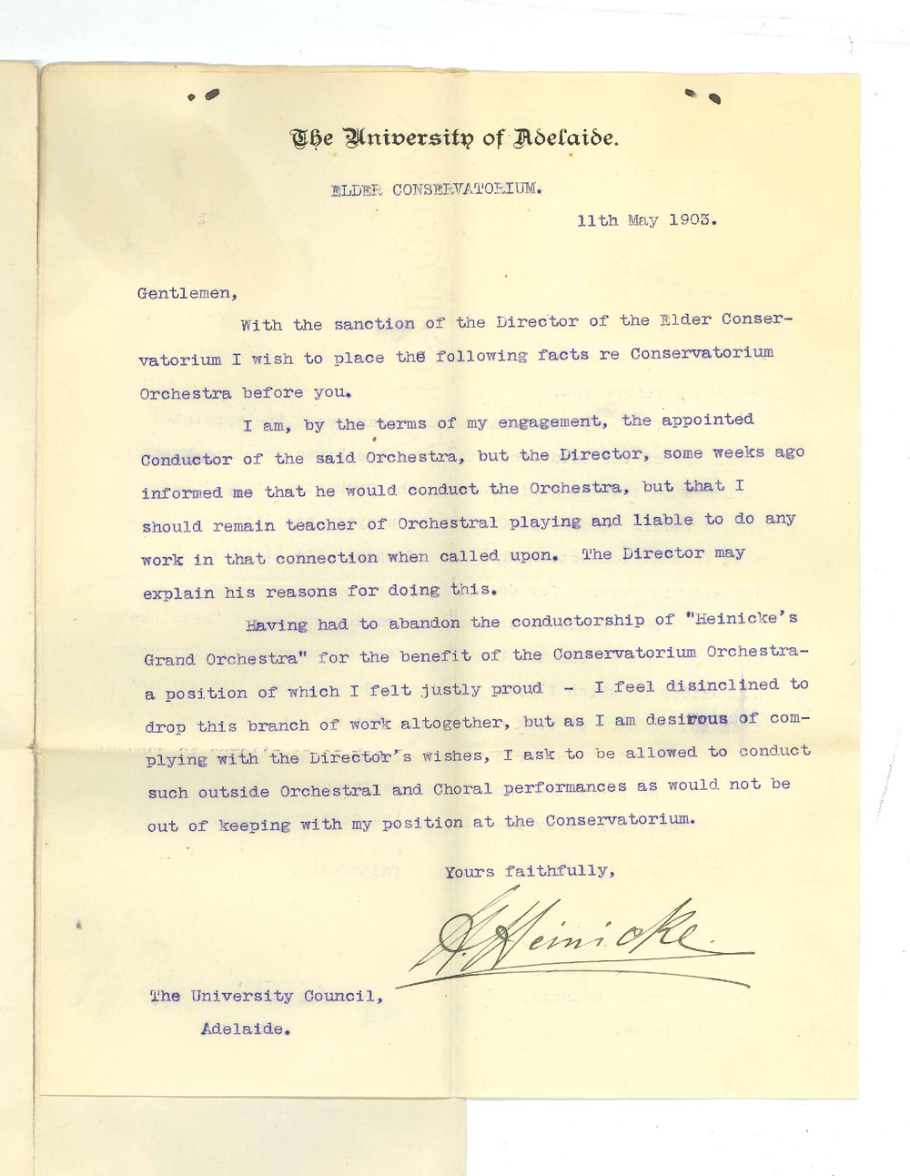 Herr Heinicke - Conservatorium - Concerning the Conductorship of the Conservatorium Orchestra