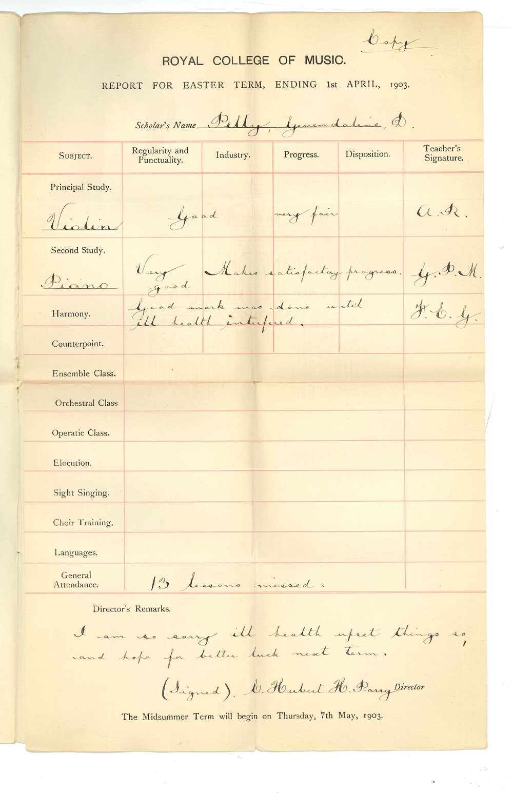 Royal College of Music - London - Progress Report Miss G D Pelly