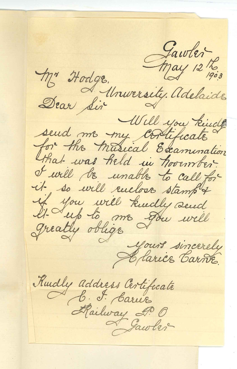 Miss Clarice Carne - Gawler - Requesting Certificate