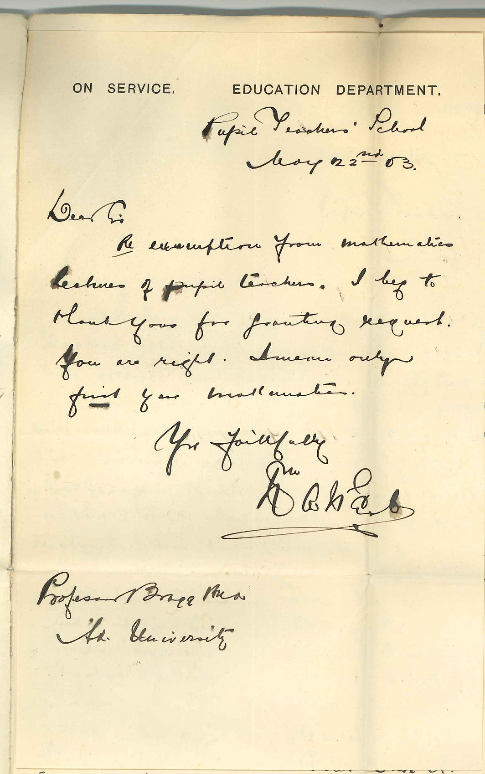 William A West - Adelaide - Pupil Teachers requesting Exemption from lectures in Mathematics Part 1 BA