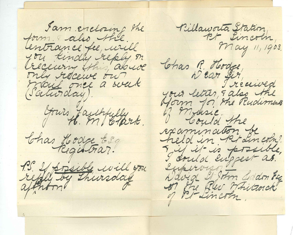 Miss H M Clark - Port Lincoln - Forwarding Entry for Rudiments and holding Local Exam