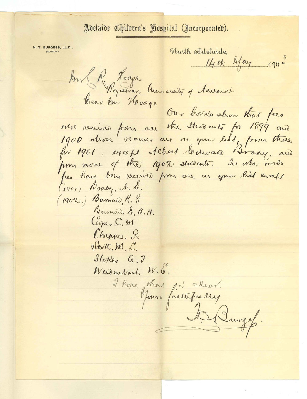 Reverend T H Burgess - Adelaide Childrens Hospital - Concerning fees for students on Bacteriology