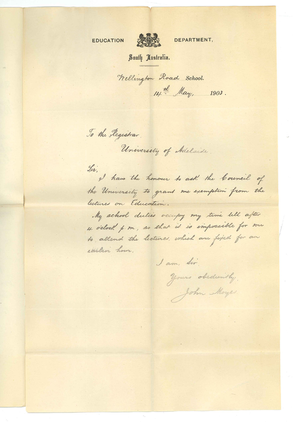 John Moyes - Wellington Road School - Exemption from attendance at lectures