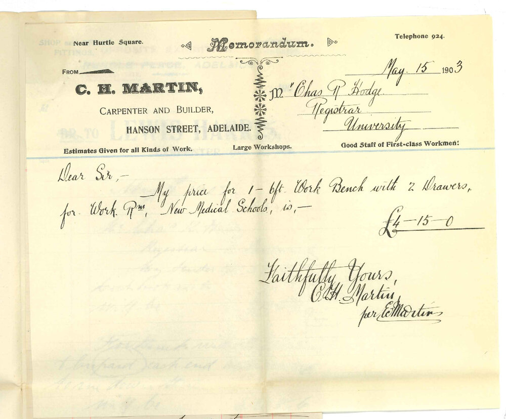 Lewis Harris and C H Martin - Prices for hat rails and bench for Medical School