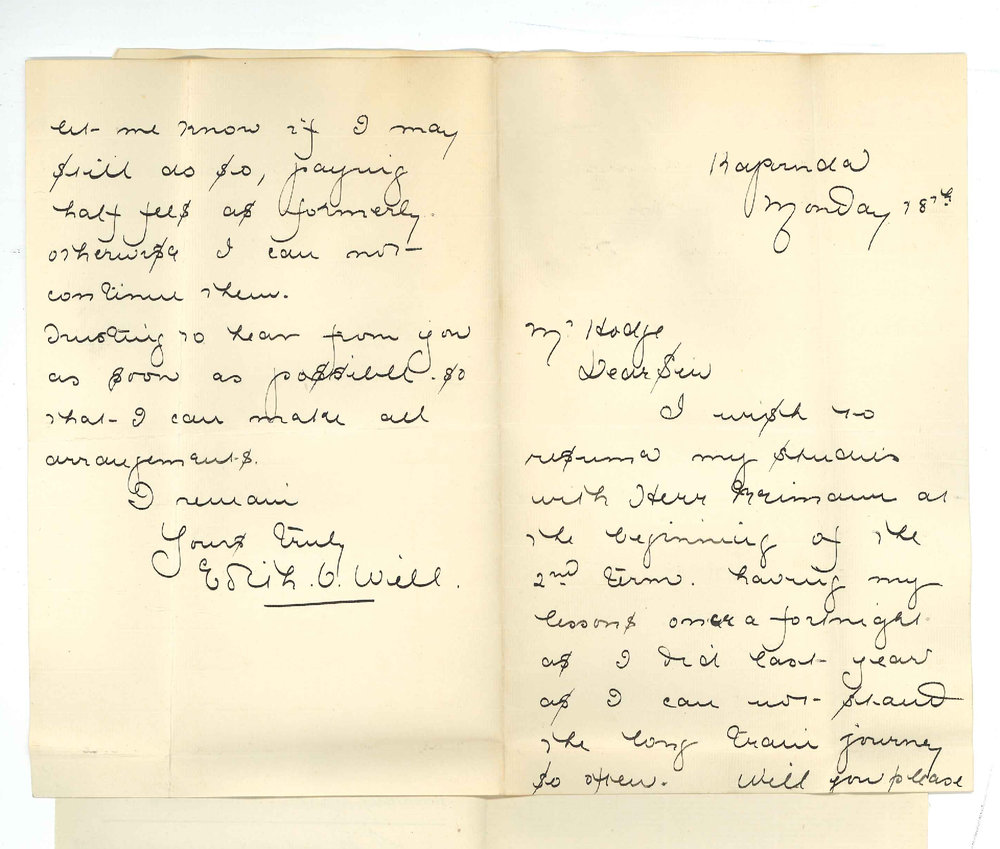 Miss Edith Will - Kapunda - Request lessons at Conservatorium for half fees