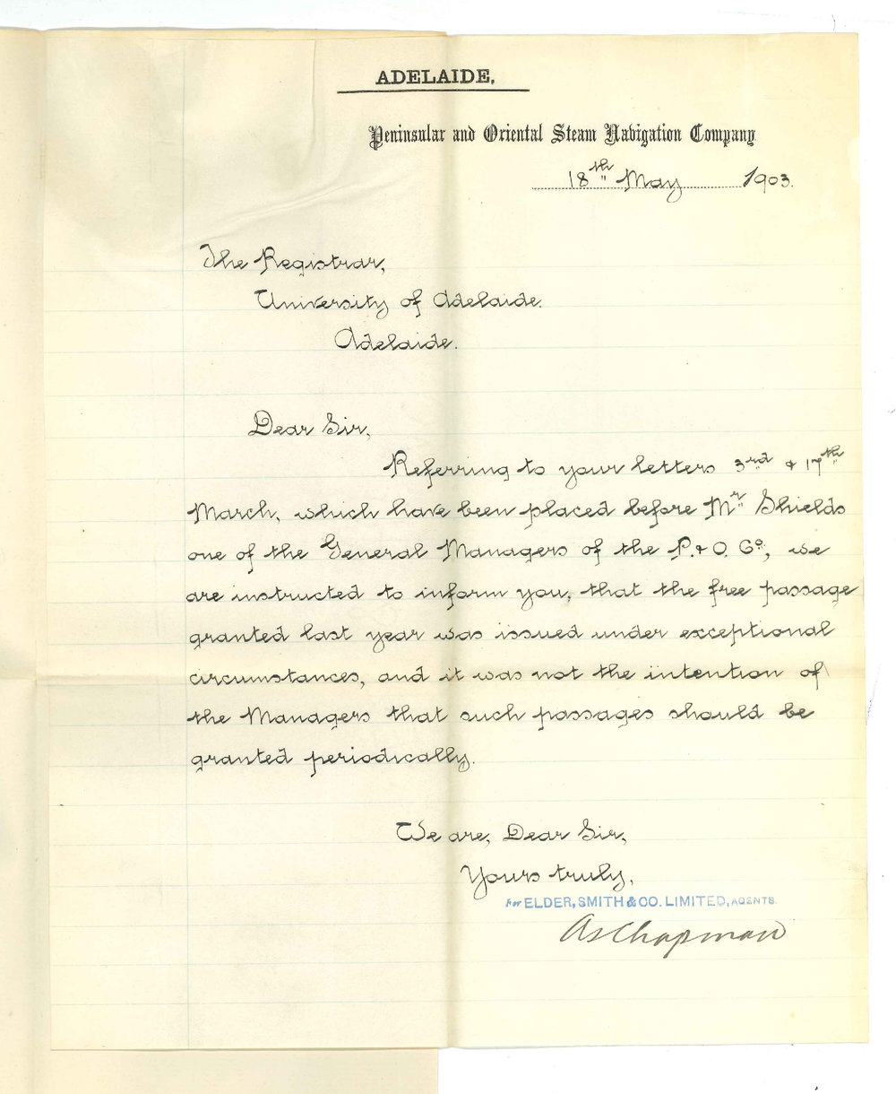 Elder Smith and Company - P&amp;O Company - Unable to grant free passage to England for a student recommended by university