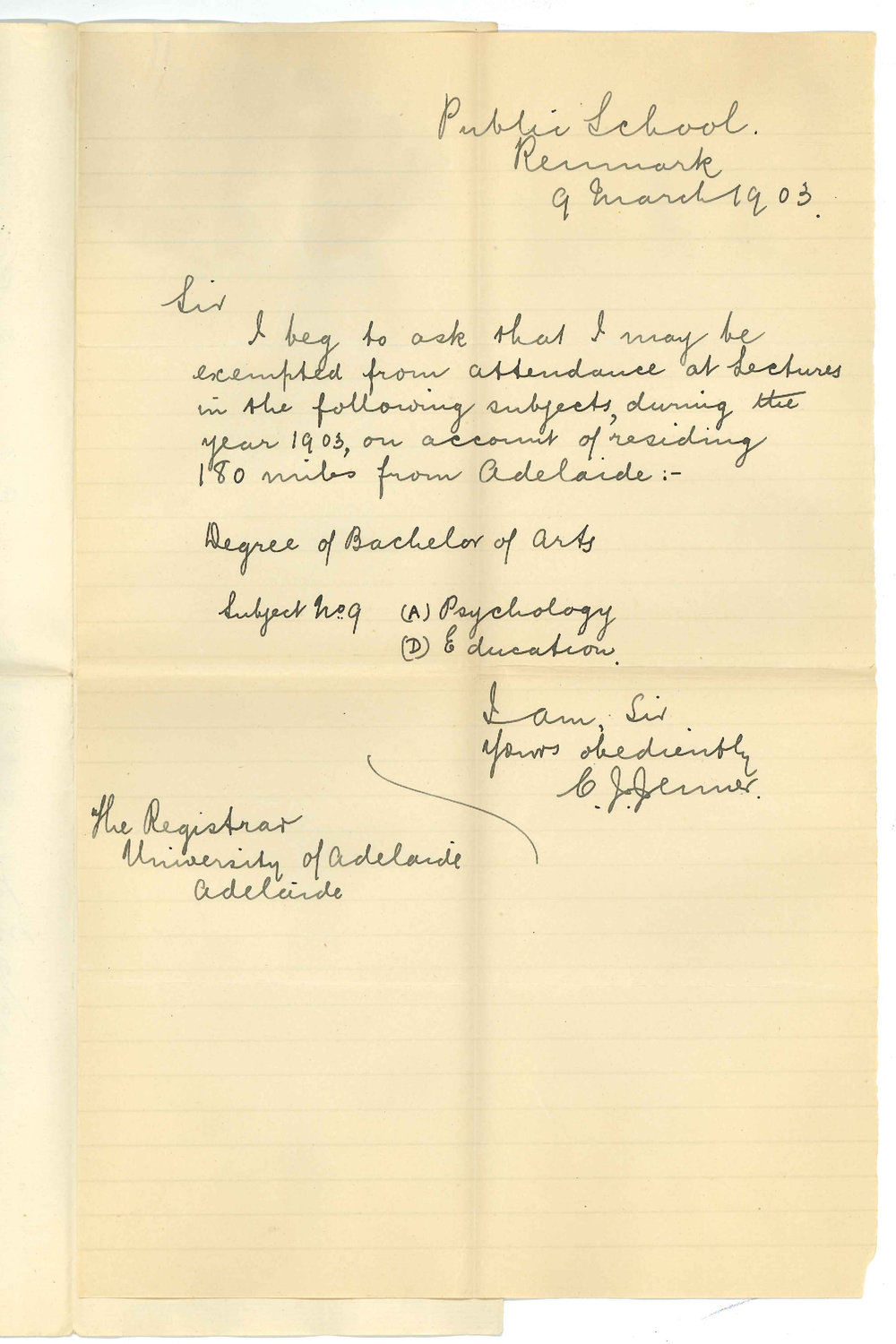 C J Jenner - Renmark - Exemption from attendance at lectures