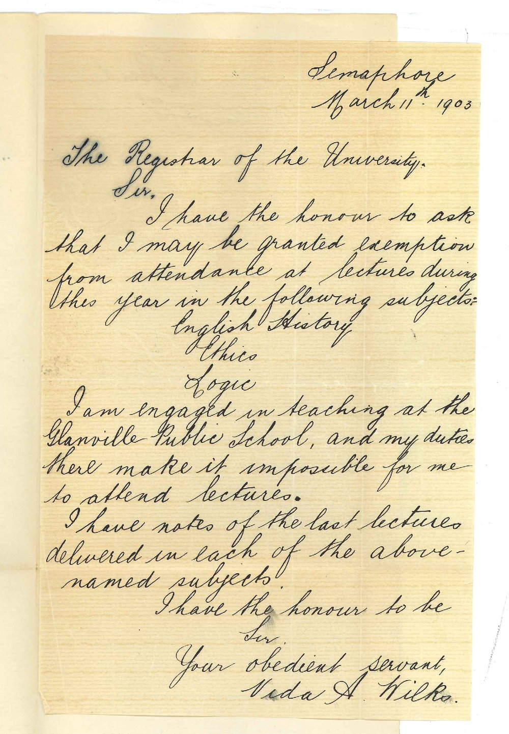 Miss Vida A Wilks - Semaphore - Exemption from attendance at lectures