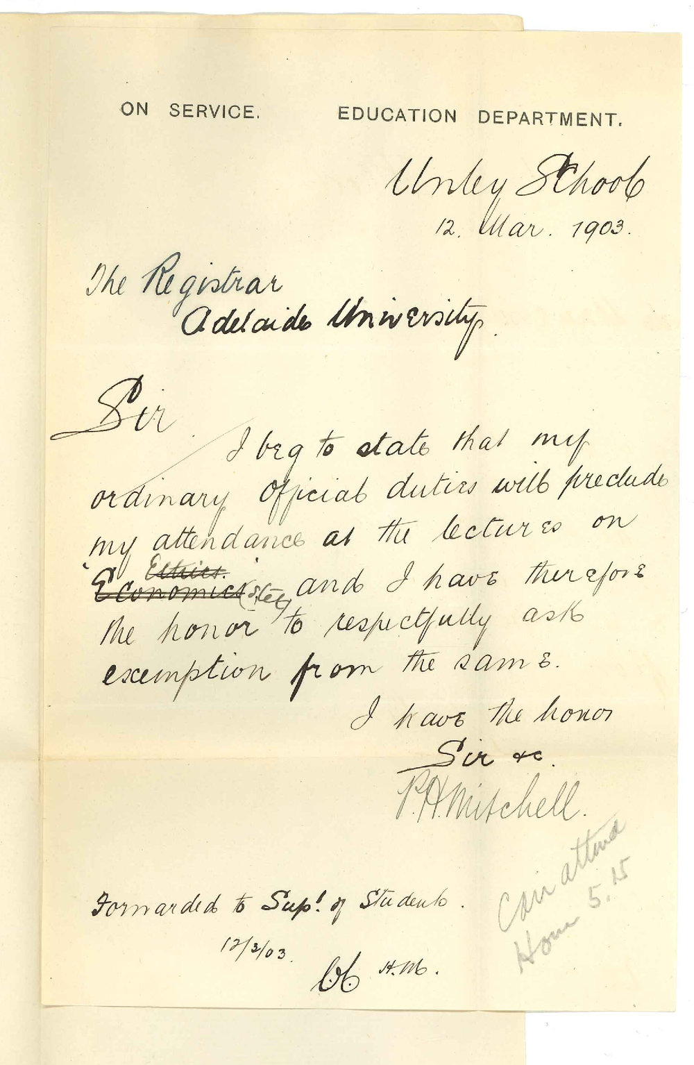 P H Mitchell - Unley - Exemption from attendance at lectures