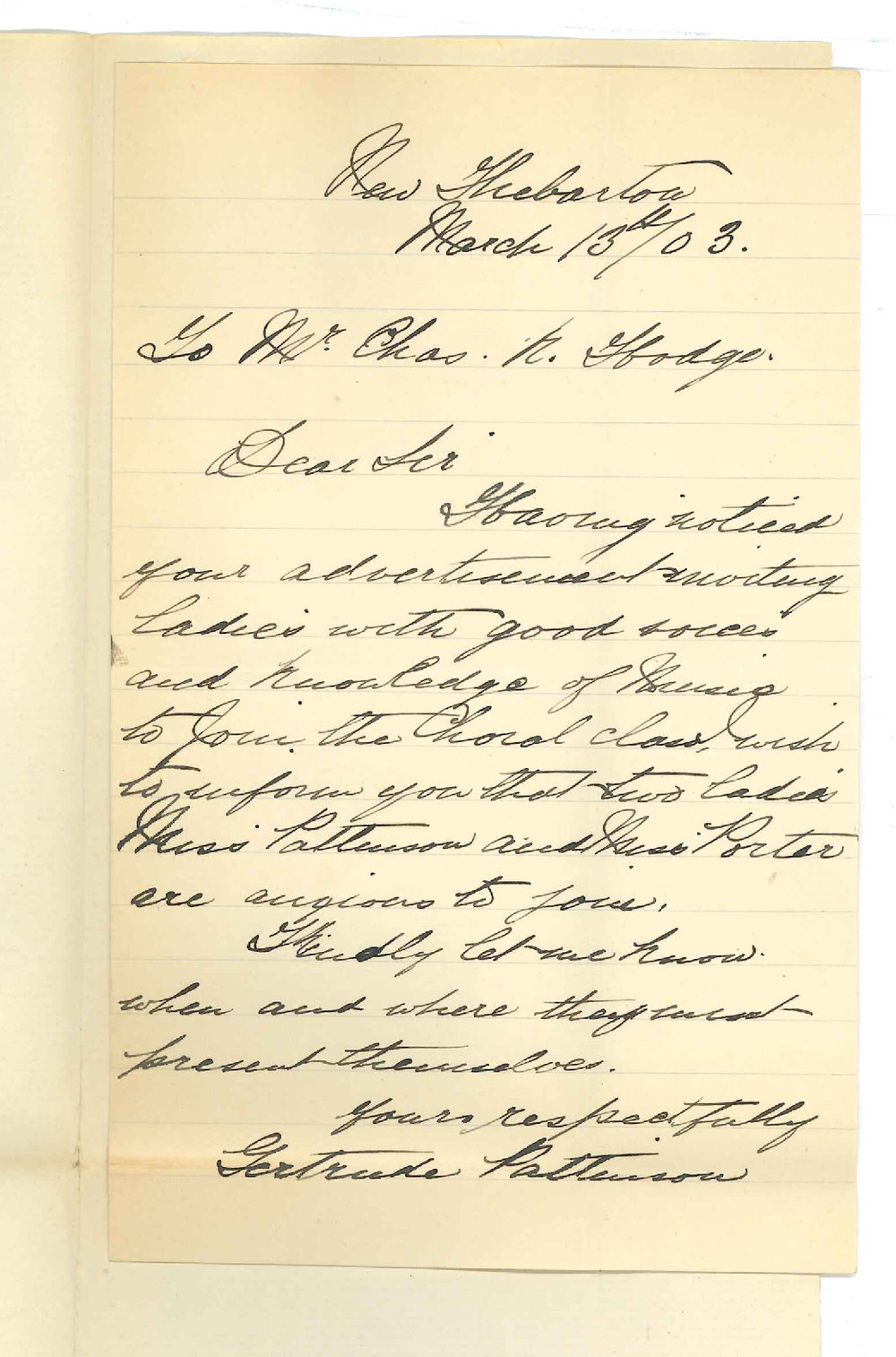Miss Gertrude Pattinson - New Thebarton - Requesting information of Choral Class