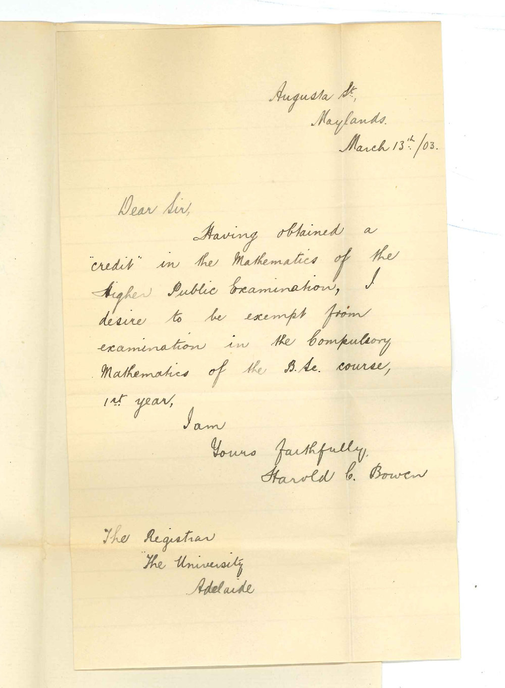 Harold C Bowen - Maylands - Exemption from Compulsory Mathematics of BSc course