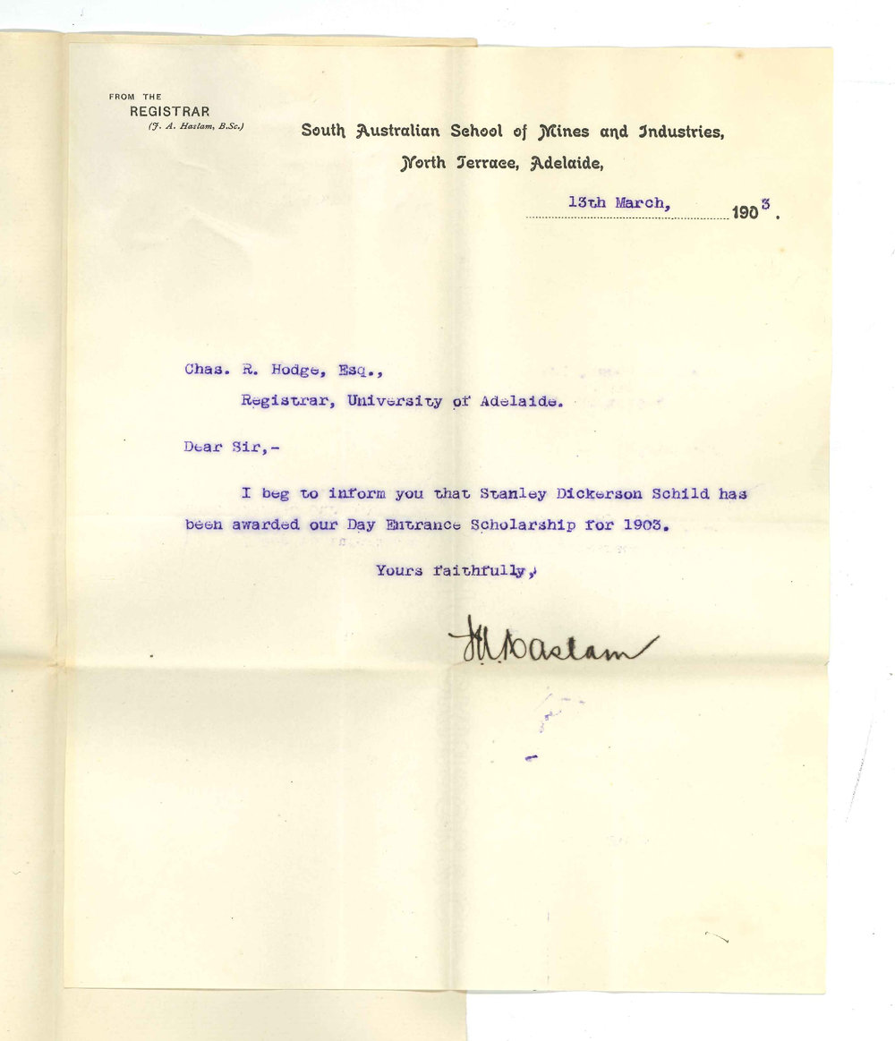 J A Haslam - South Australian School of Mines and Industries - Stanley Dickerson Schild has been awarded Day Entrance Scholarship for 1903