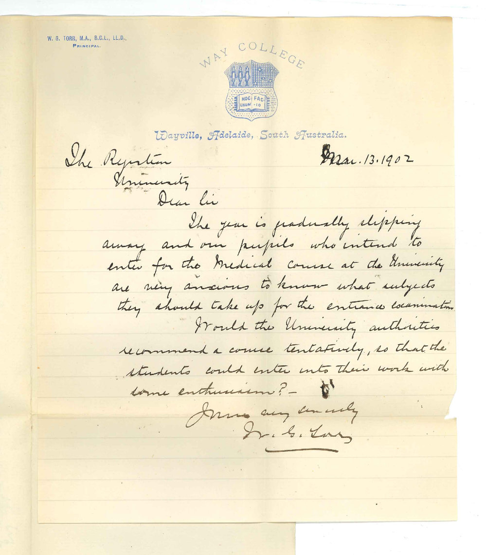 William George Torr - Principal - Wayville - Concerning entrance exam to Medical Course