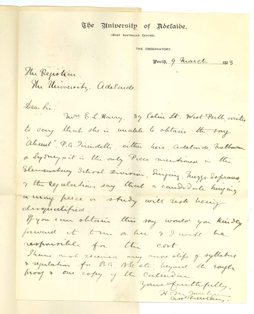 Henry Maurice Joscelyne - Perth WA - Concerning piece of music required for Elementary School Exam and re BA syllabus and calendar