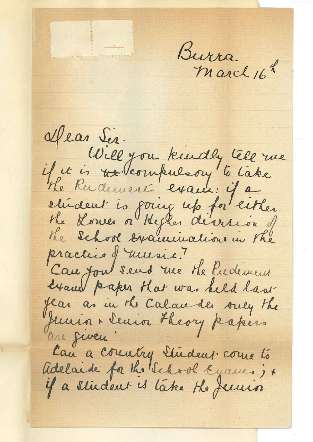 Miss M Lane - Burra - Concerning rudiments and School exams. Requesting copy of last rudiments paper and the fee for exam