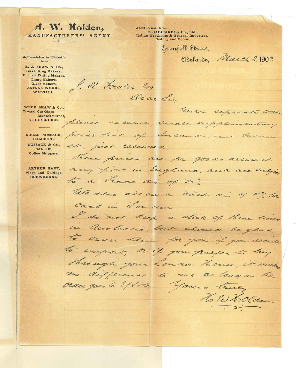 H W Holden - Manufacture's Agent - Adelaide - Regarding prices for incandescent burners