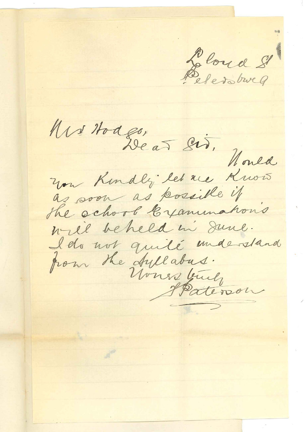 Miss F Paterson - Petersburg - Concerning School exams in Music