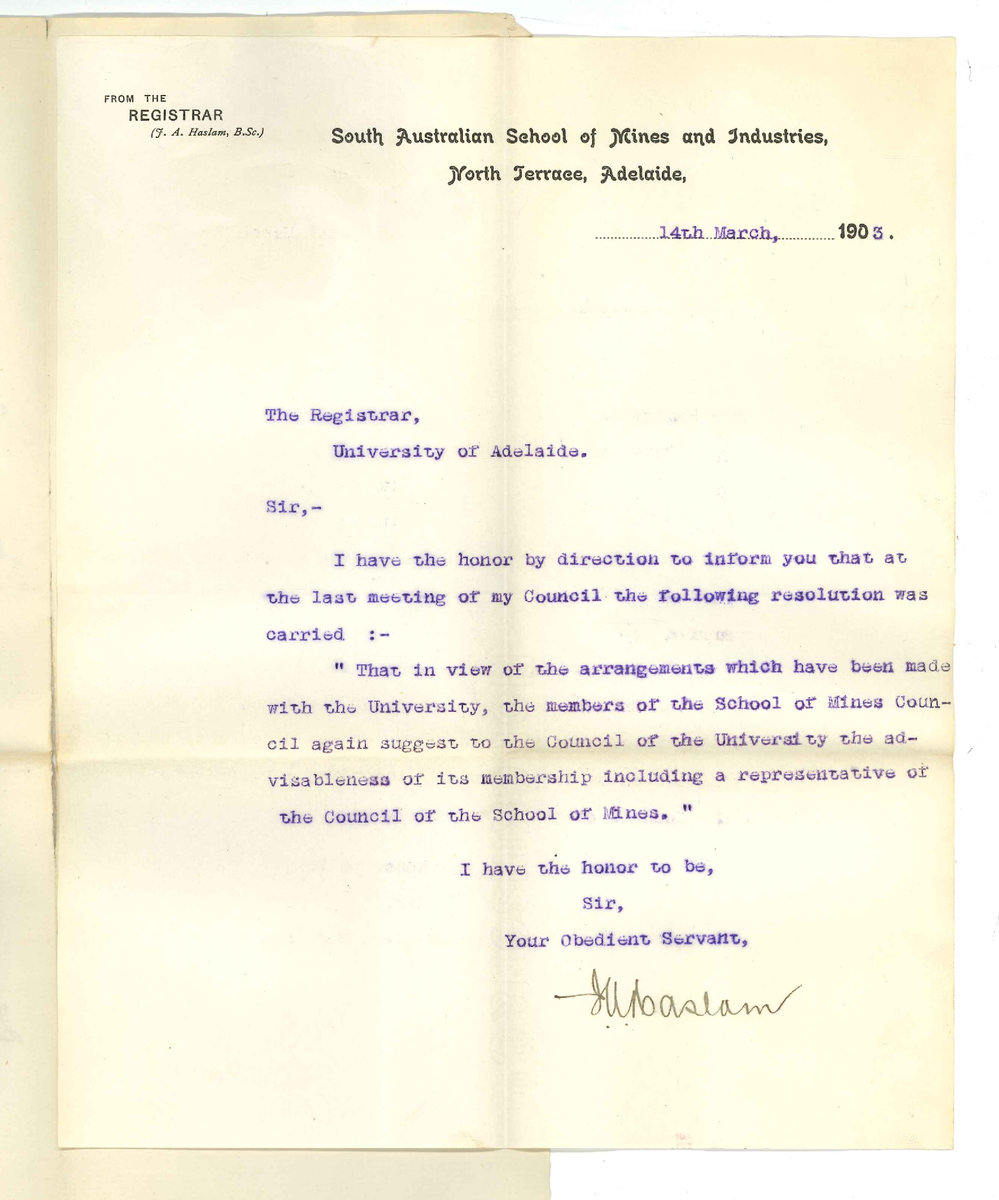 J A Haslam - Registrar - South Australian School of Mines and Industries - Adelaide - Resolution passed by the Council of School of Mines