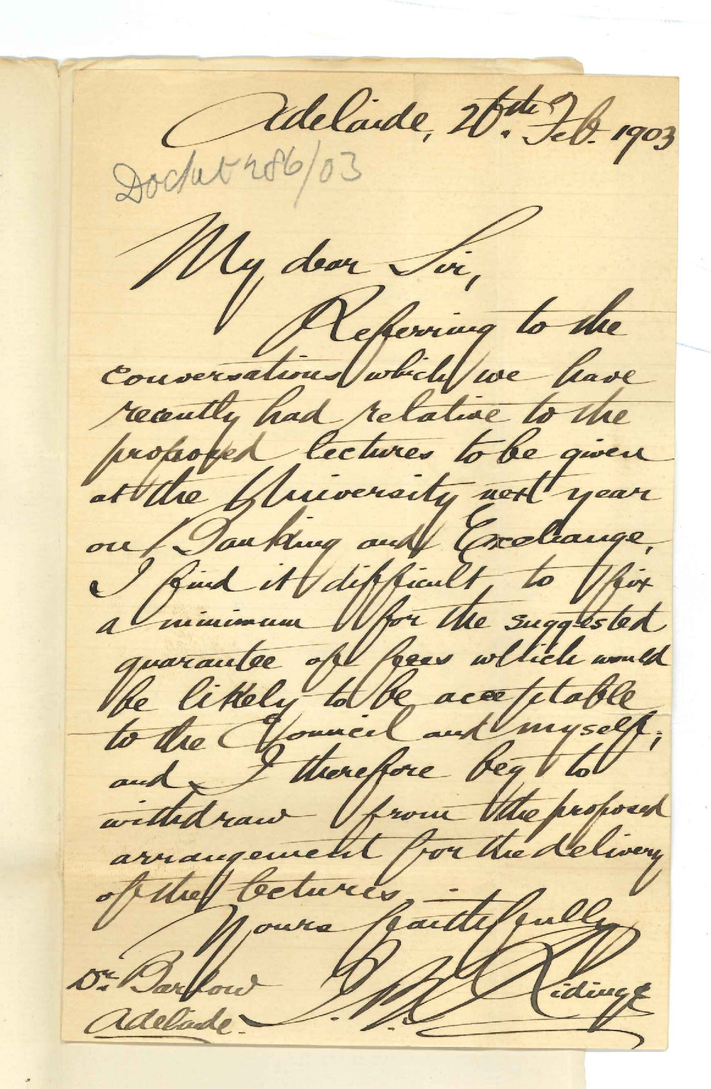 J B Ridings - Adelaide - Concerning lectureship on Banking and Exchange