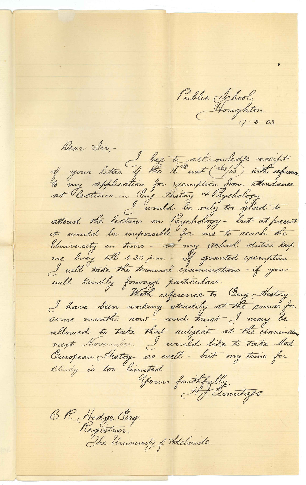 Henry James Armitage - Houghton - Exemption from attendance at lectures