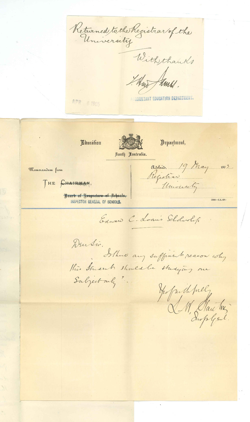 L M Stanton - Inspector General of Schools Education Department - E C Loans Evening Scholarship and studying one subject this year