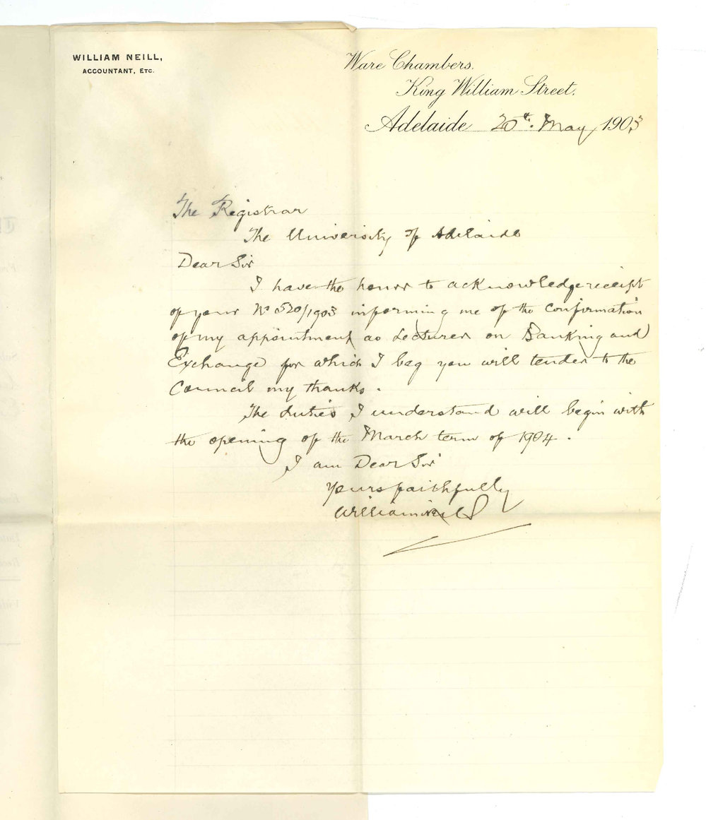 William Neill - Adelaide - Accepting position as lecturer on Banking and Exchange