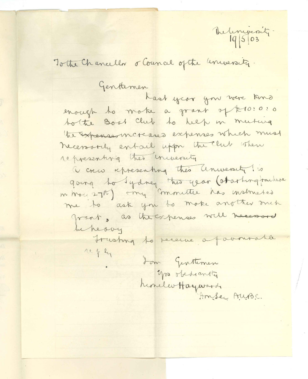 L W Hayward - Secretary AUBC University - Asking for grant towards Boat Club expenses