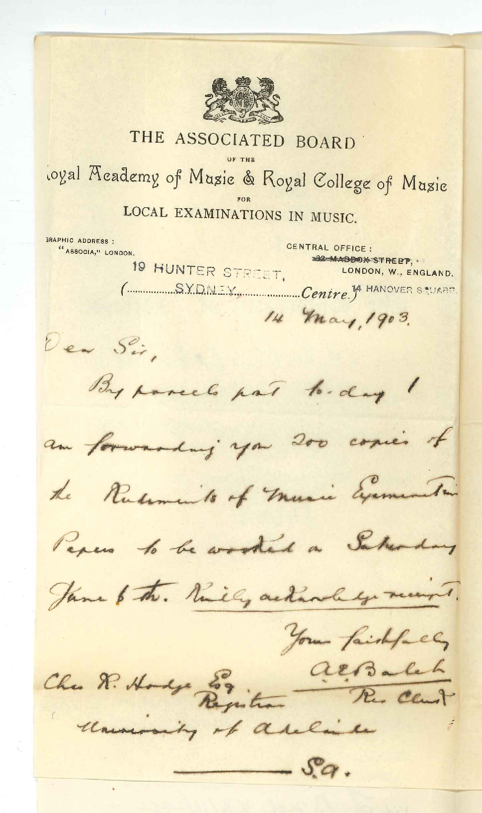 A E Balch - Resident Clerk - The Associated Board - Sydney - Forwarding Rudiments Exam Papers