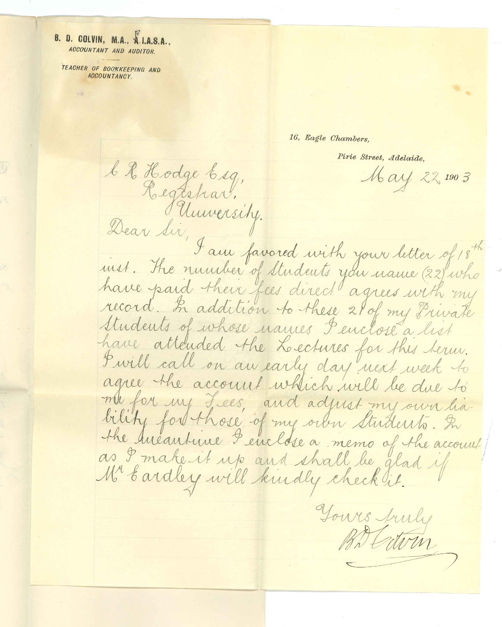 Bazett David Colvin - Adelaide - Fees for Accountancy class for 1st Term 1903