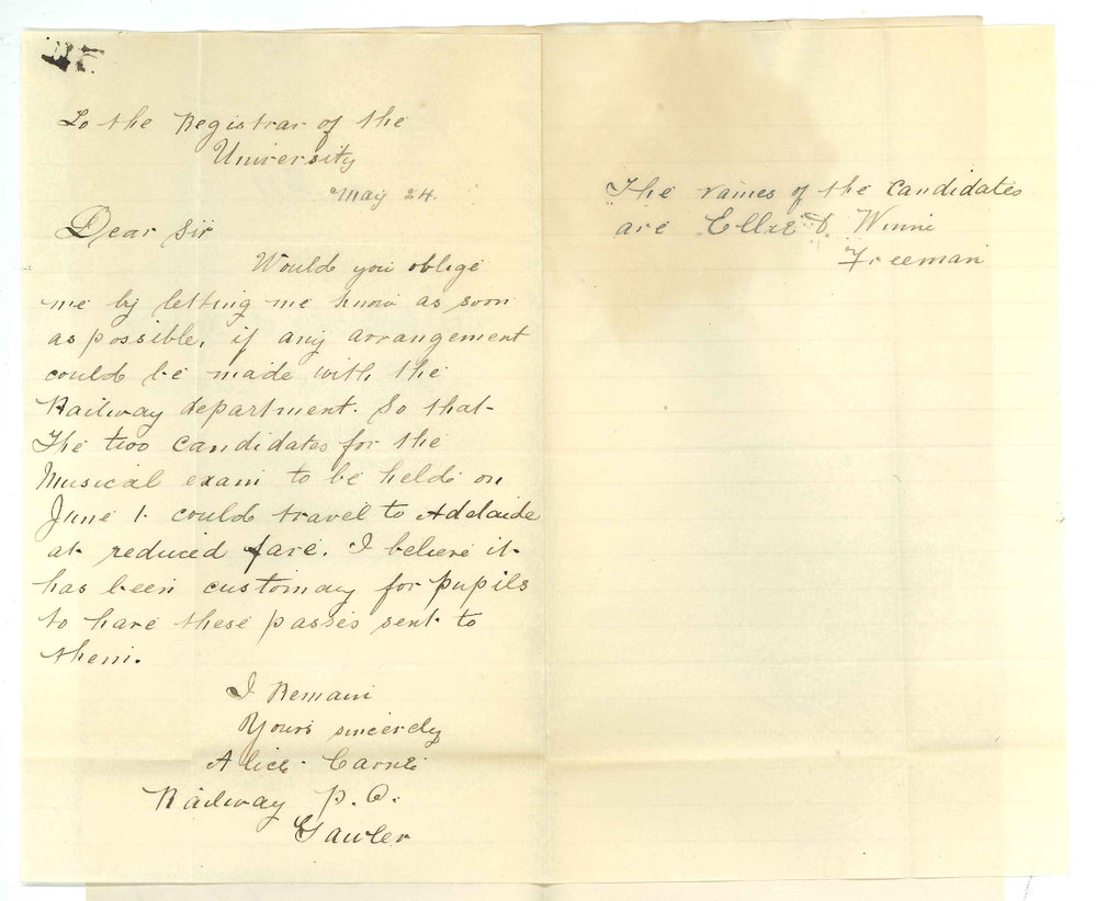 Miss A Carne - Gawler - Railway concessions to Exam Candidates
