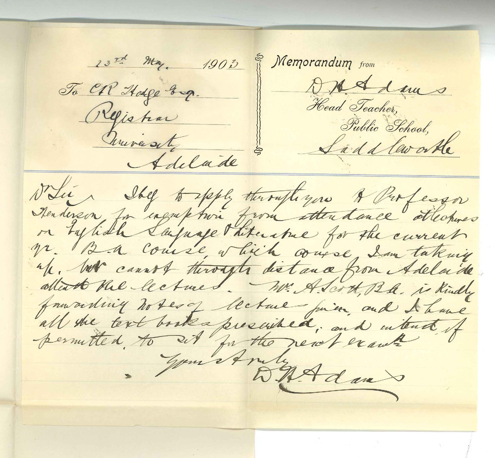 D H Adams - Saddleworth - Exemption from attendance at lectures