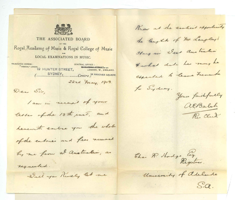 A E Balch - Resident Clerk - The Associated Board - Sydney -  Forwarding Entries and Fees for Exams in Western Australia