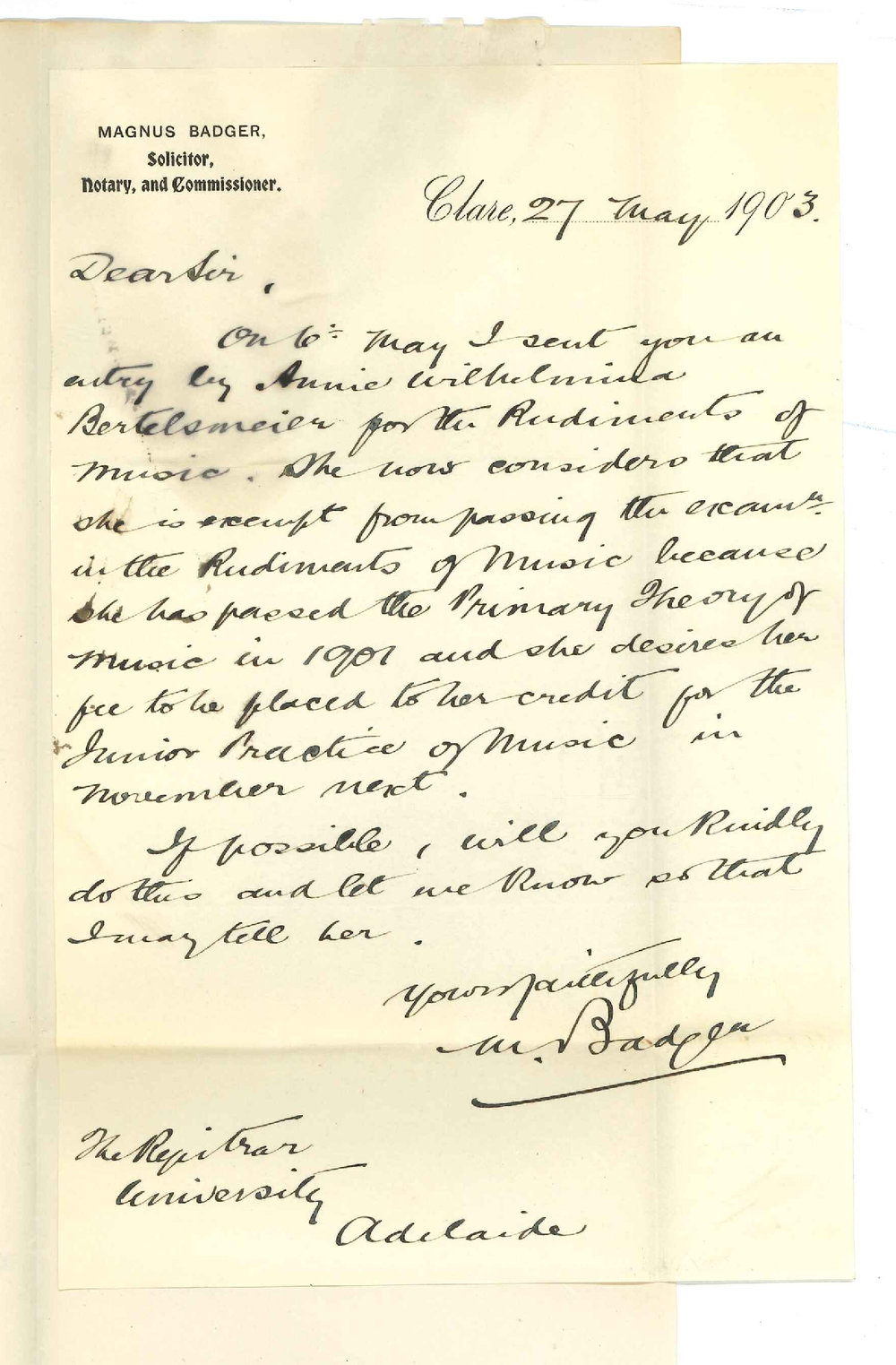 Magnus Badger - Clare - Withdrawing Miss A W Bertelsmeier from Rudiments Exam