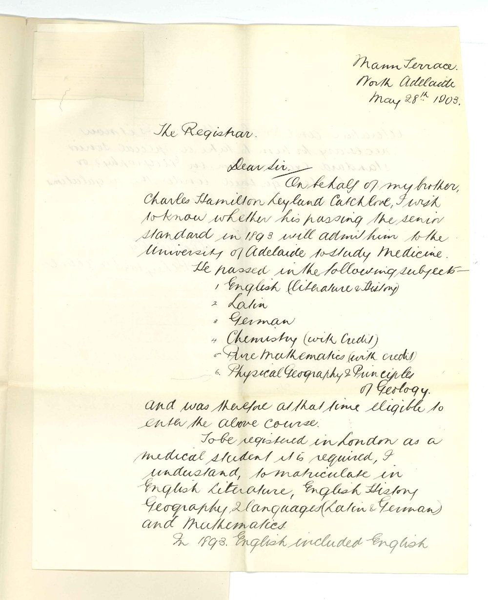 S G L Catchhlove - North Adelaide - Brother commencing Medical Course and Entrance Exam