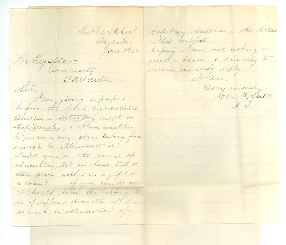 John H Snell - Angaston - Regarding procuring glass tubing required for a lecture to be given by him