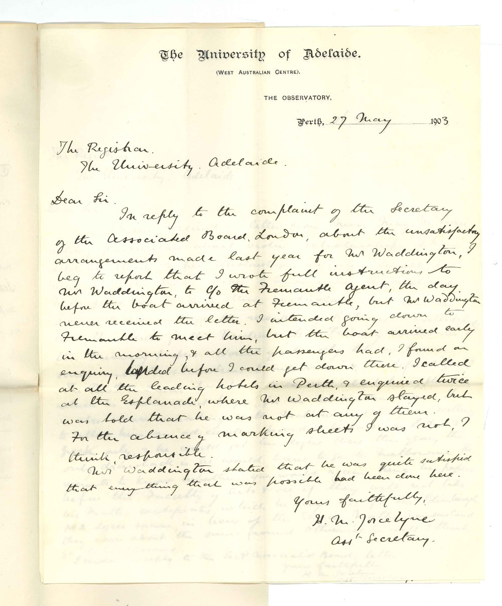 Henry Maurice Joscelyne - Perth - Particulars of Violin Scholarship Acknowledging receipt Reverend A Deans case and Complaint of Associated Board