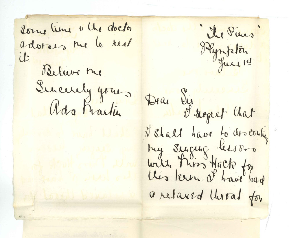 Ada Martin - Plympton - Discontinuing Sing Lessons