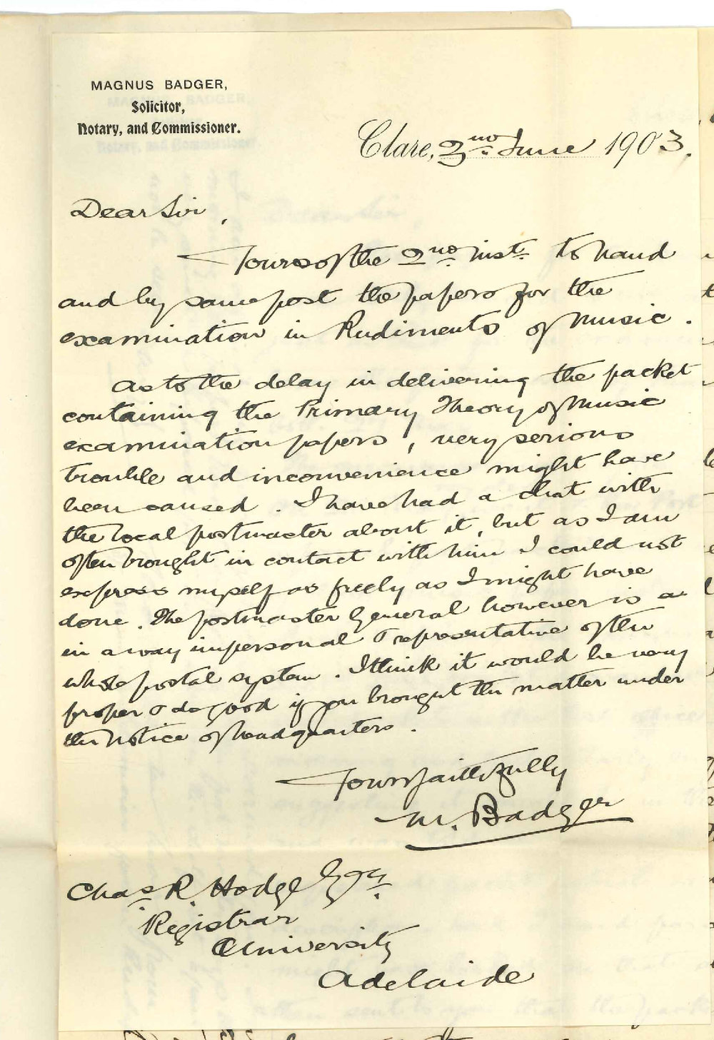 Magnus Badger - Clare - Examination Papers Primary Theory of Music Withdrawal of Miss Bertelsmeier from Rudiments Exam