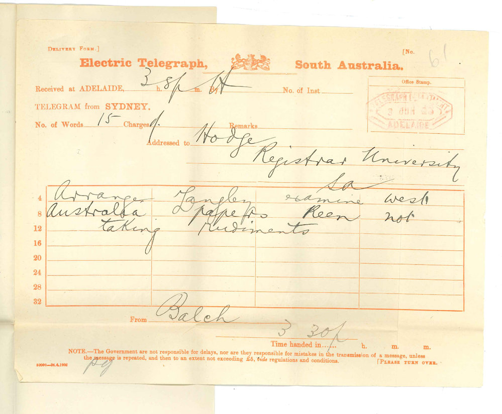 A E Balch - Resident Clerk - The Associated Board - Sydney - Mr Langley examines Western Australia - Rudiments Papers Reen withdraws from Rudiments