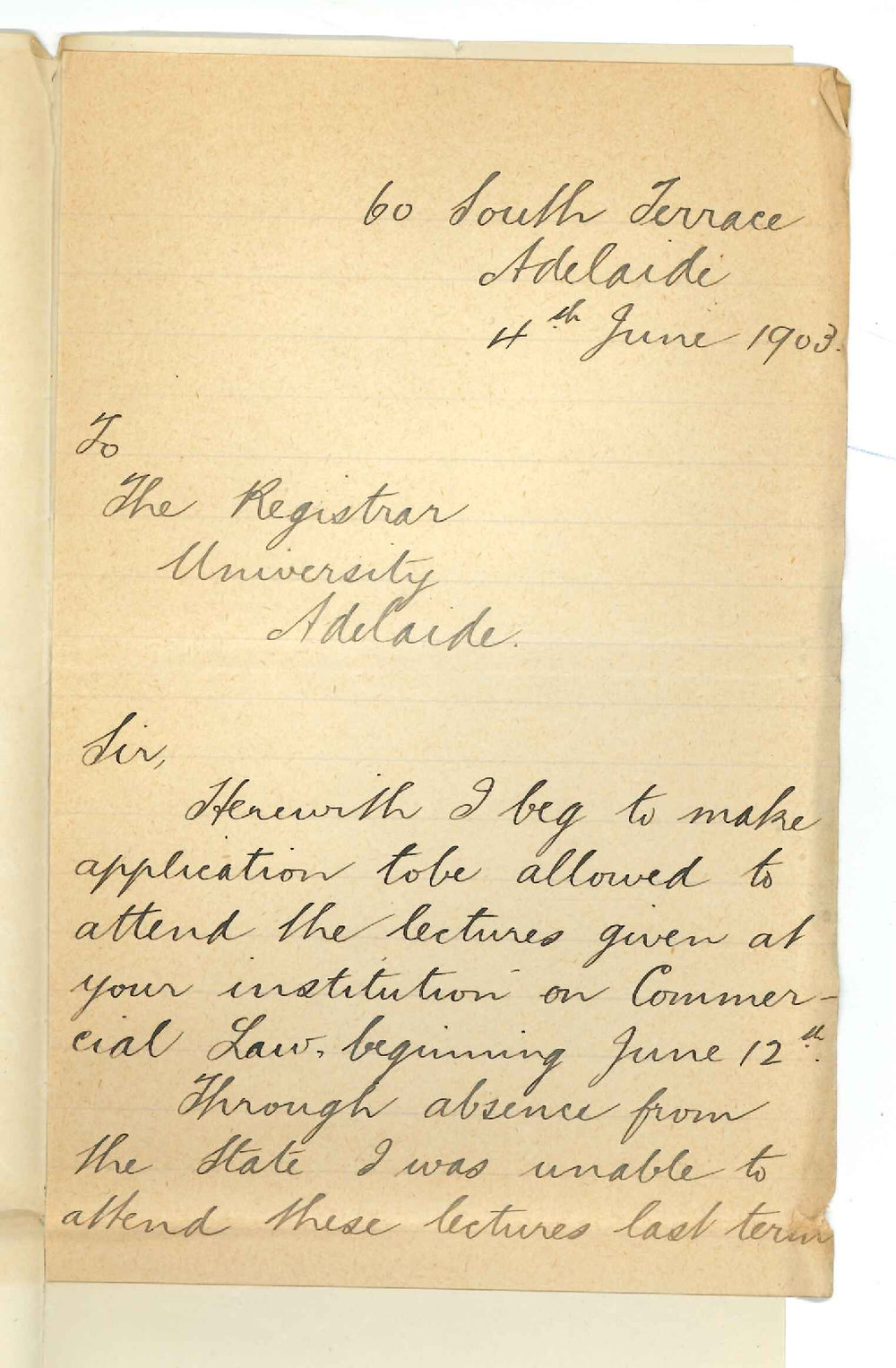 H A Hackett - South Terrace Adelaide - Partial exemption attendance at lectures on Commercial Law
