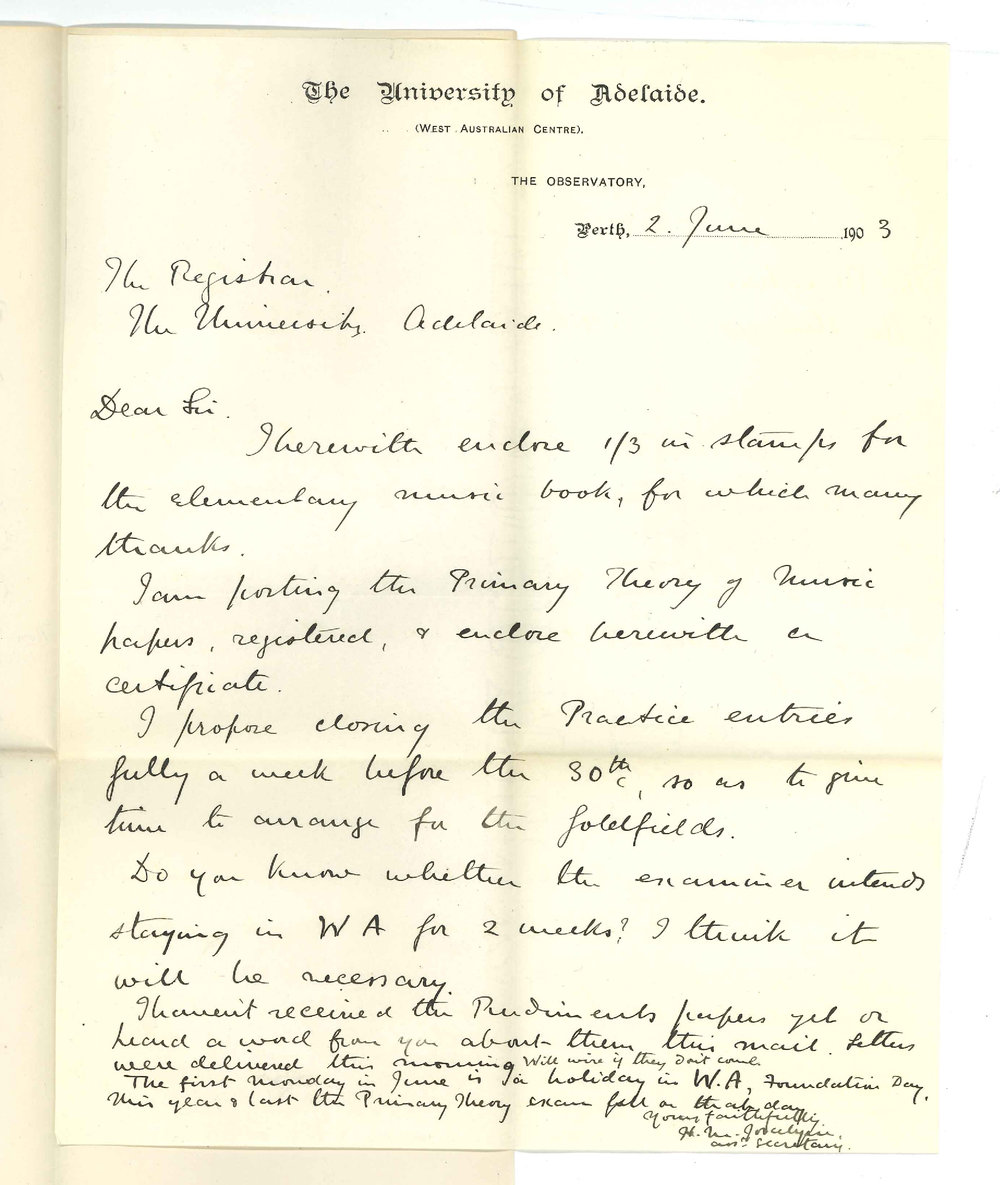 Henry Maurice Joscelyne - Perth WA - Primary Theory of Music Papers - Date of Closing Practice Entries - Length of stay of Examiner - Non Receipt of Rudiments Papers - Primary Theory Exam falling on holiday