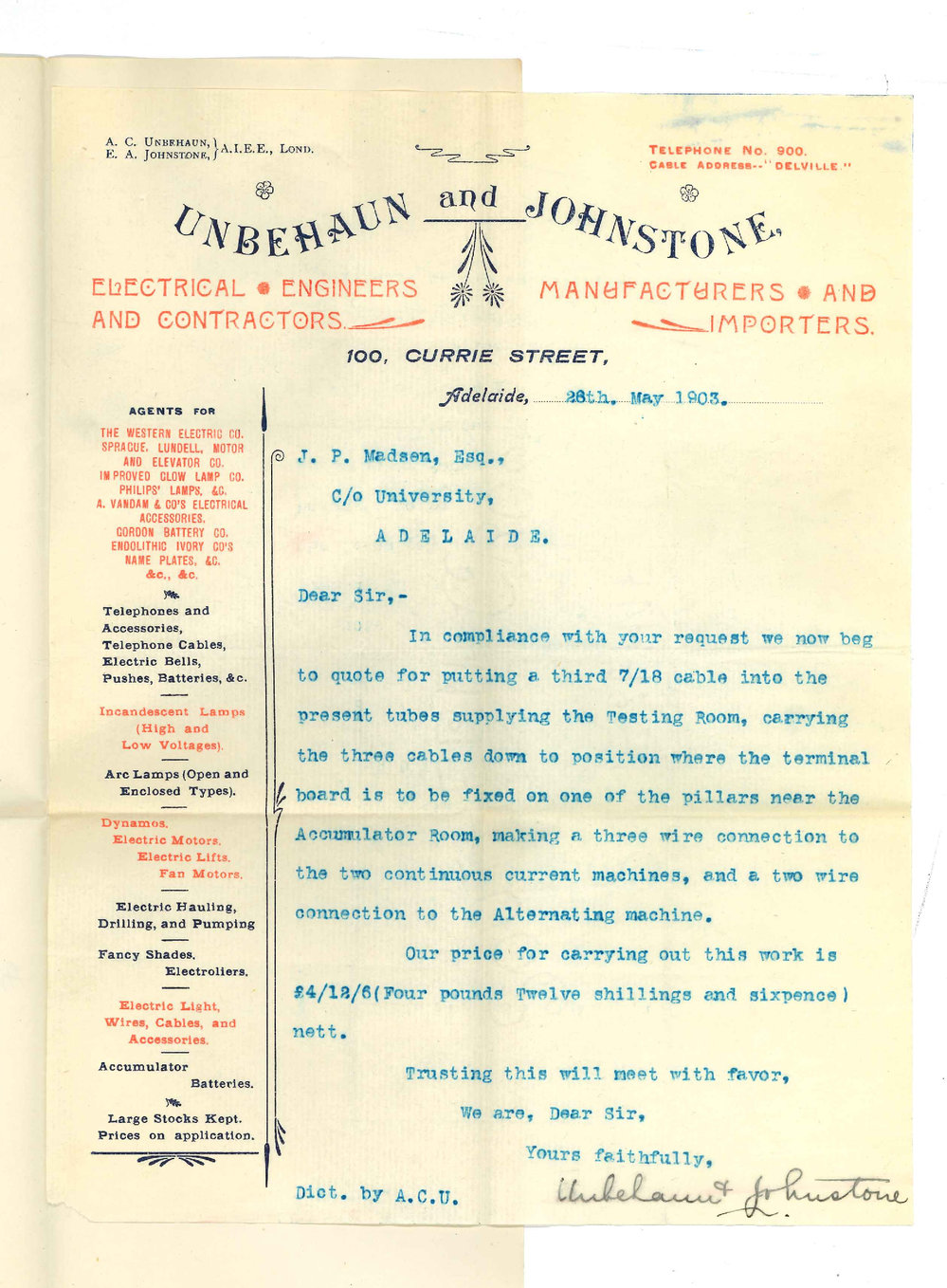 Unbehaun and Johnstone - Adelaide - Cost of additional Electrical Cable