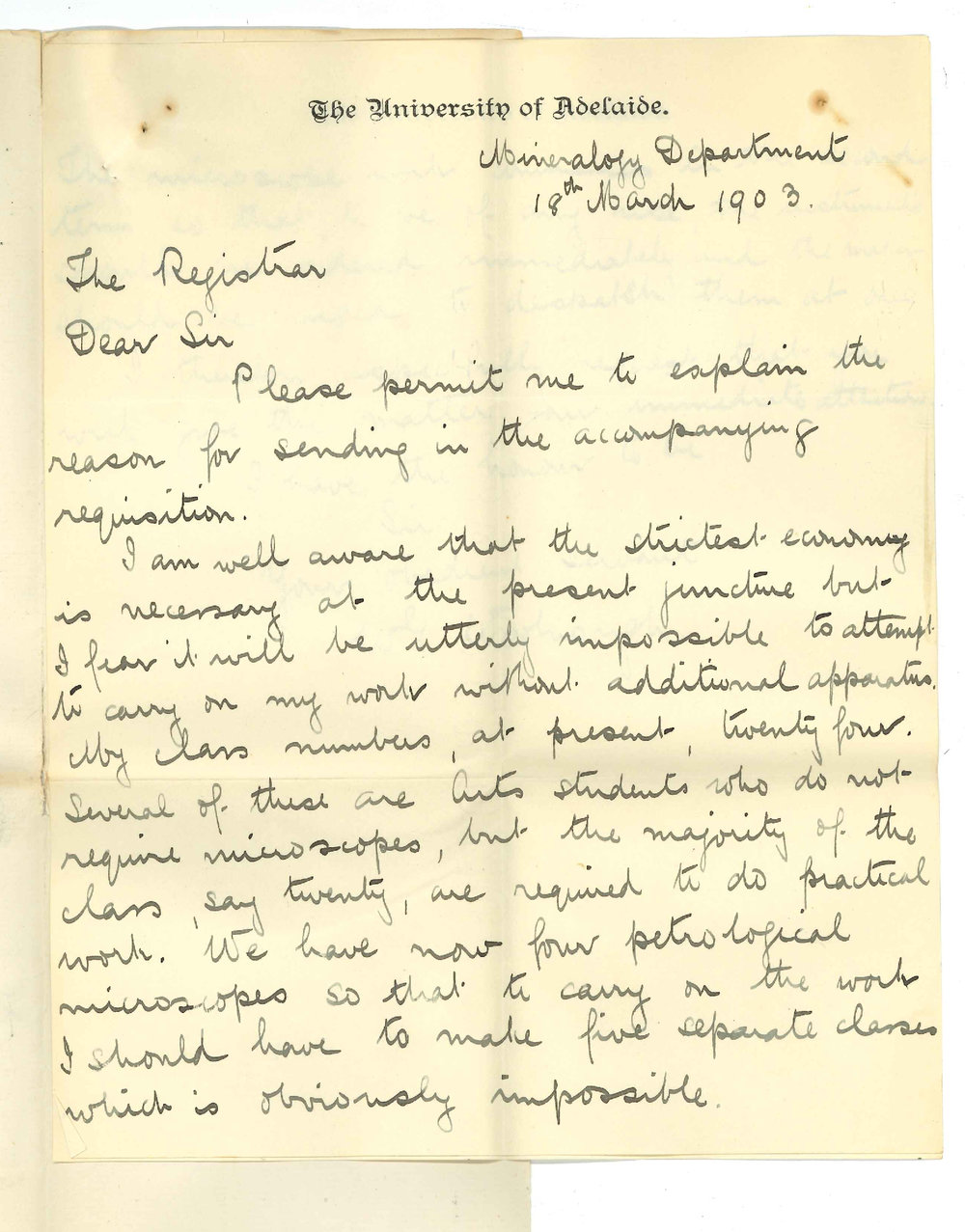 Walter George Woolnough - The University of Adelaide [Mineralogy Department] - Requesting further supply of microscopes