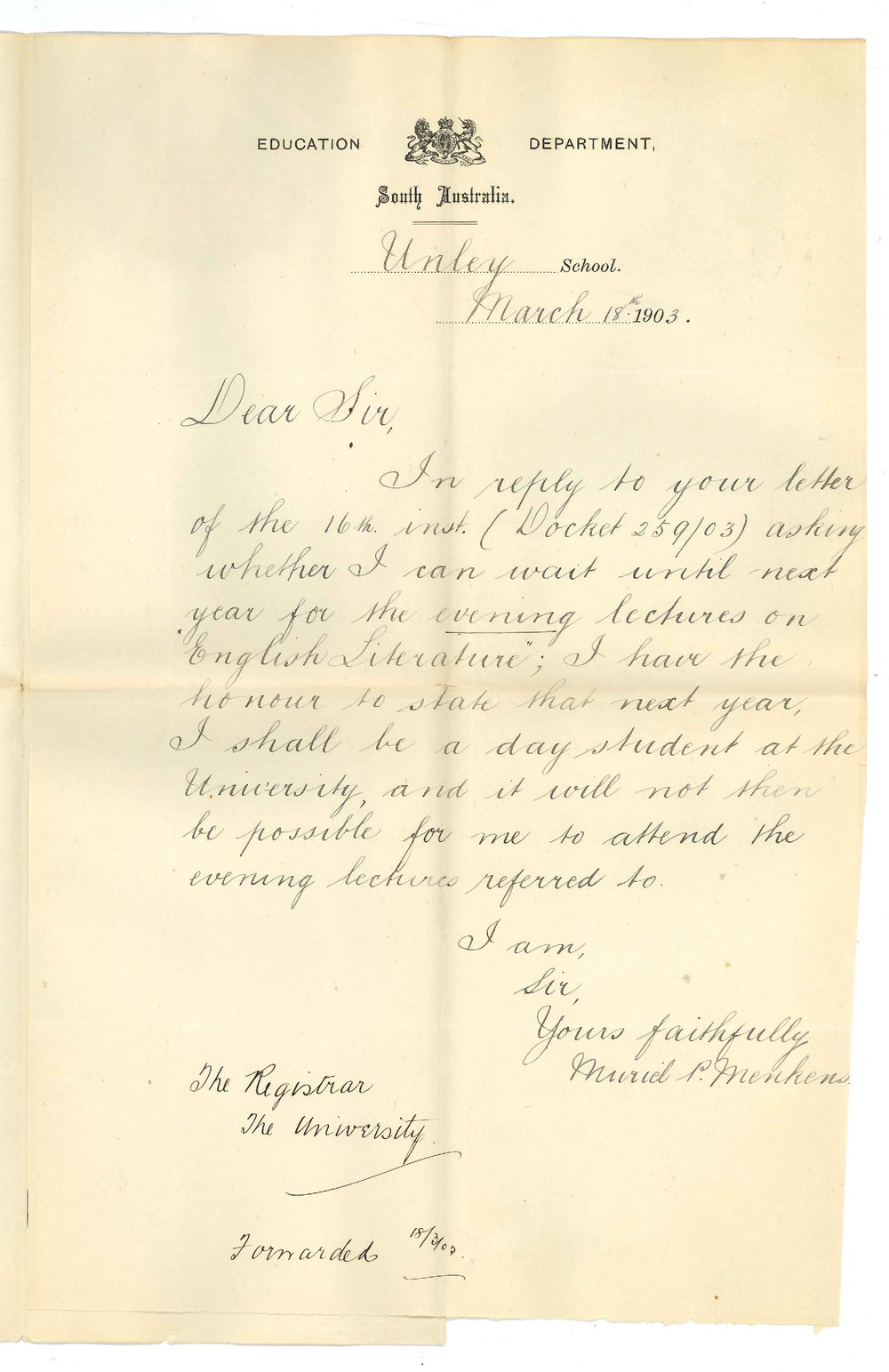 Muriel P Menkens - Education Department South Australia - Unley School - Application for exemption from attendance at lectures