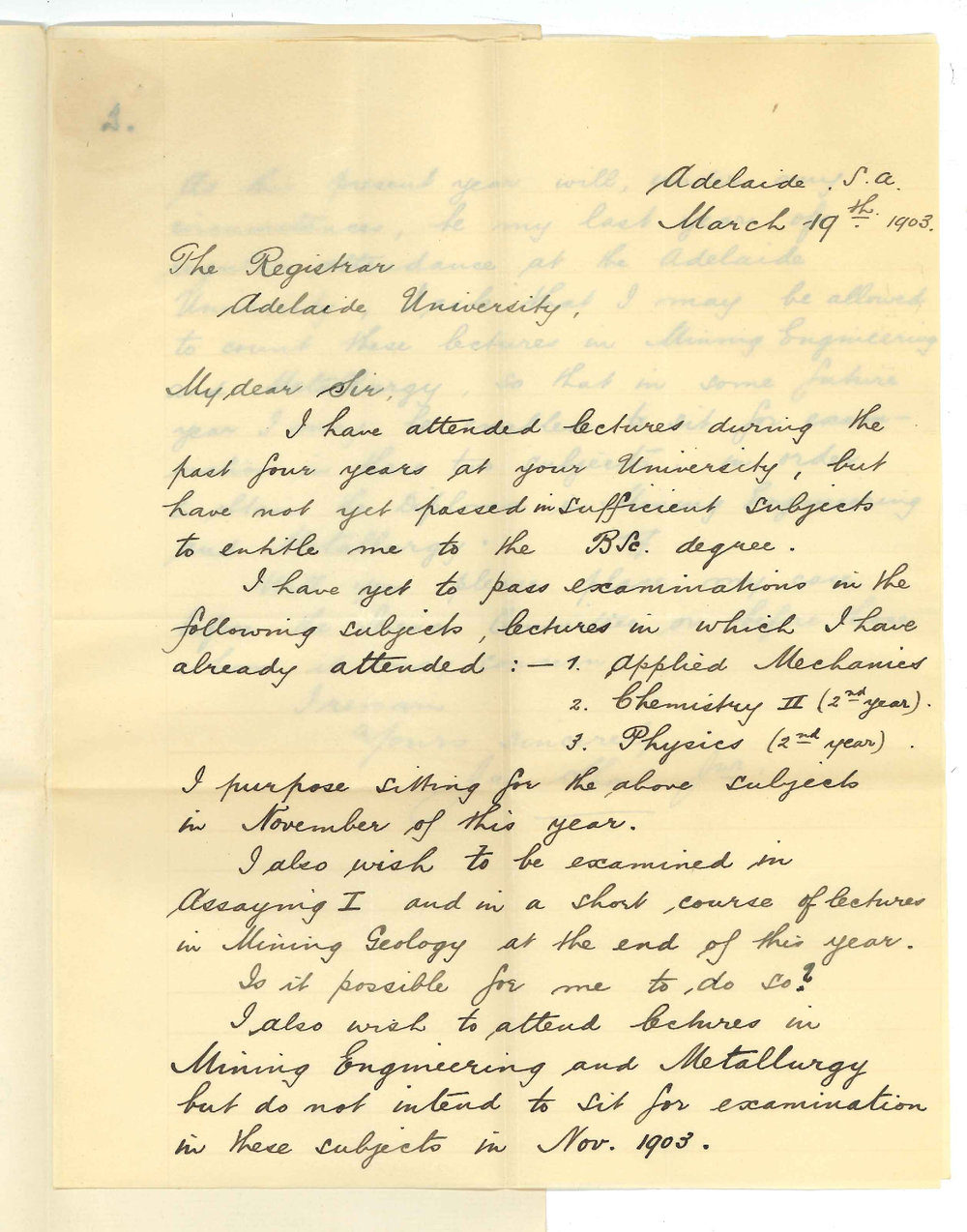 James Shaw Jr - Adelaide - Permission to attend lectures in Assaying Mining and Metallurgy